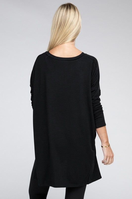 ZENANA Dolman Long Sleeve V-Neck Side Slit Hi-Low Hem Top us.meeeshop - 