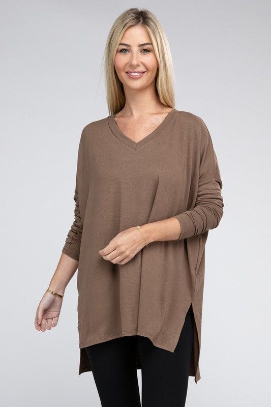 ZENANA Dolman Long Sleeve V-Neck Side Slit Hi-Low Hem Top us.meeeshop - 