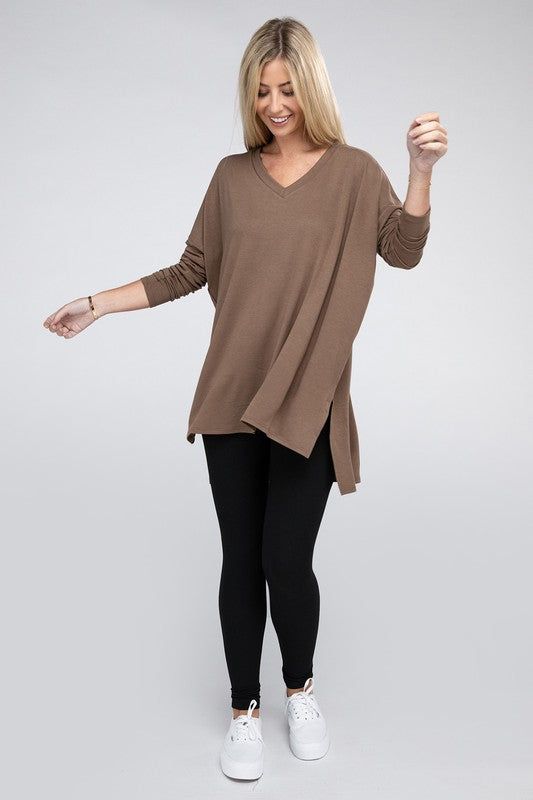 ZENANA Dolman Long Sleeve V-Neck Side Slit Hi-Low Hem Top us.meeeshop - Shirts & Tops