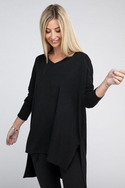 ZENANA Dolman Long Sleeve V-Neck Side Slit Hi-Low Hem Top us.meeeshop - 