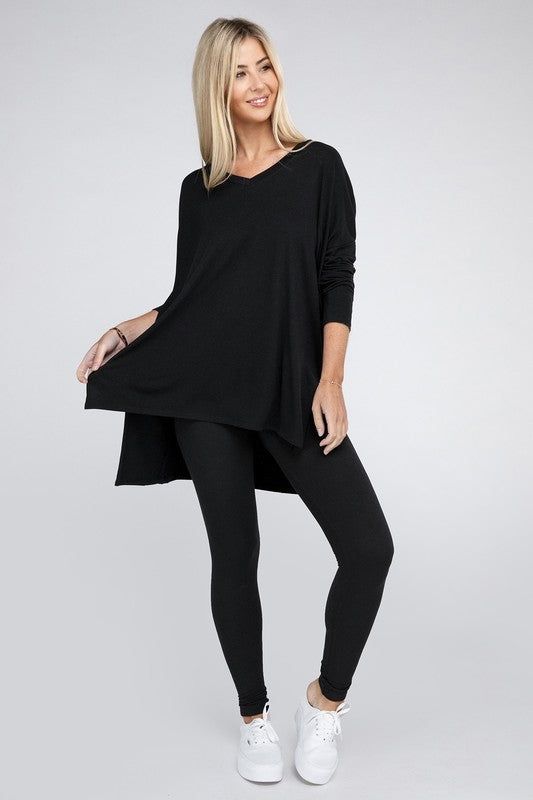 ZENANA Dolman Long Sleeve V-Neck Side Slit Hi-Low Hem Top us.meeeshop - 