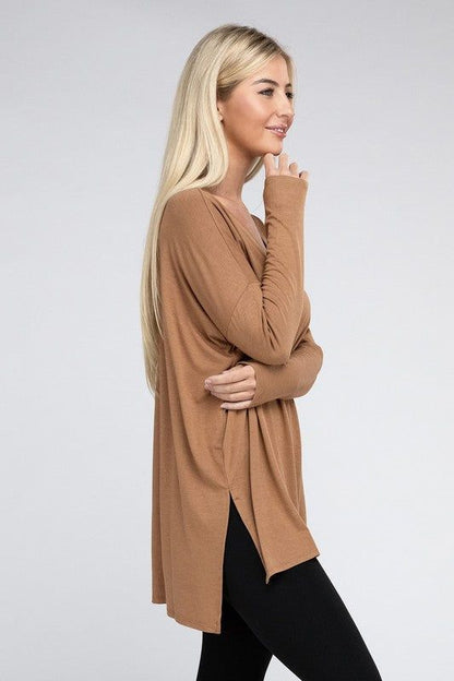 ZENANA Dolman Long Sleeve V-Neck Side Slit Hi-Low Hem Top us.meeeshop - 