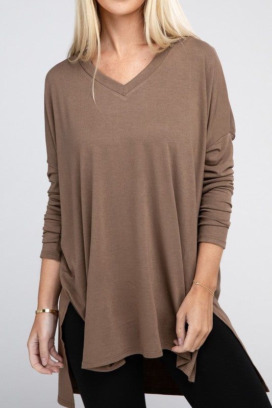 ZENANA Dolman Long Sleeve V-Neck Side Slit Hi-Low Hem Top us.meeeshop - 