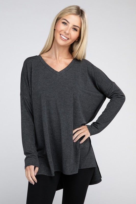 ZENANA Dolman Long Sleeve V-Neck Side Slit Hi-Low Hem Top us.meeeshop - 