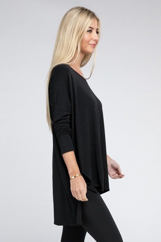 ZENANA Dolman Long Sleeve V-Neck Side Slit Hi-Low Hem Top us.meeeshop - 