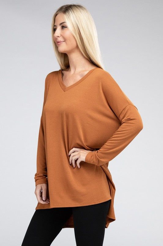 ZENANA Dolman Long Sleeve V-Neck Side Slit Hi-Low Hem Top us.meeeshop - 