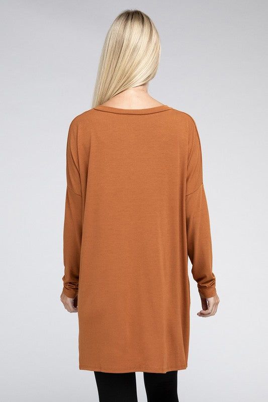 ZENANA Dolman Long Sleeve V-Neck Side Slit Hi-Low Hem Top us.meeeshop - 