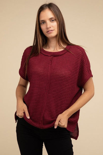 ZENANA Dolman Short Sleeve Jacquard Sweater us.meeeshop - Shirts & Tops