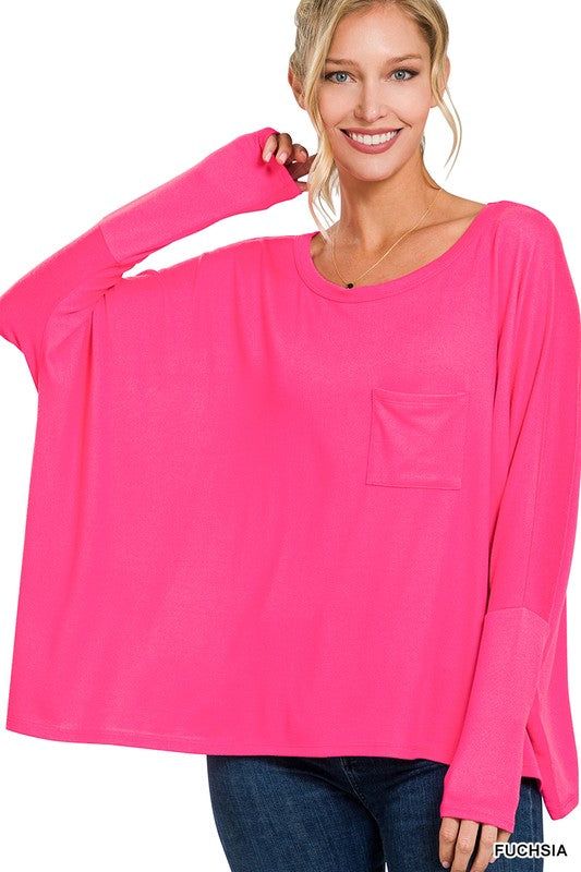 ZENANA | Dolman Sleeve Round Neck Top With Front Pocket us.meeeshop - 