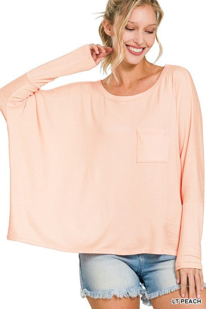 ZENANA | Dolman Sleeve Round Neck Top With Front Pocket us.meeeshop - 