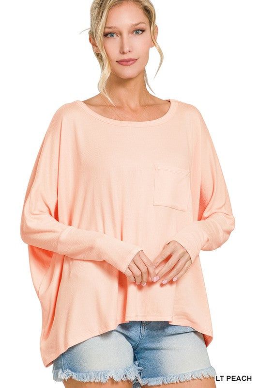 ZENANA | Dolman Sleeve Round Neck Top With Front Pocket us.meeeshop - 