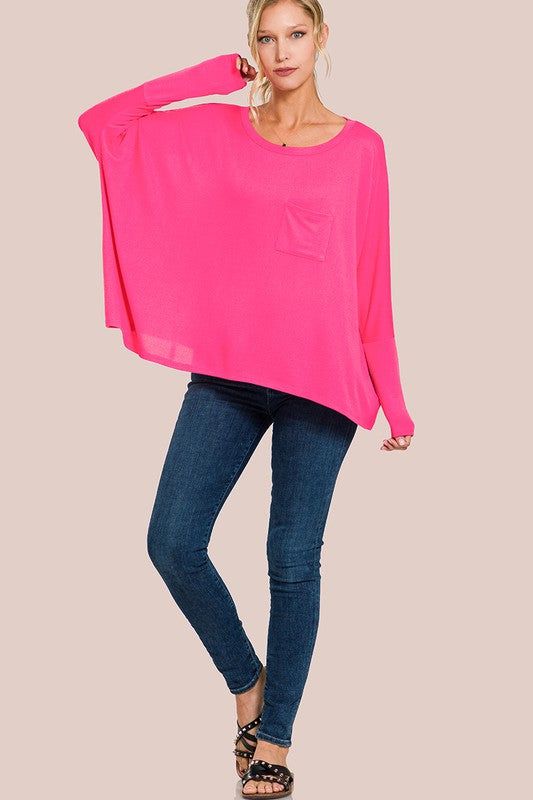 ZENANA | Dolman Sleeve Round Neck Top With Front Pocket us.meeeshop - 