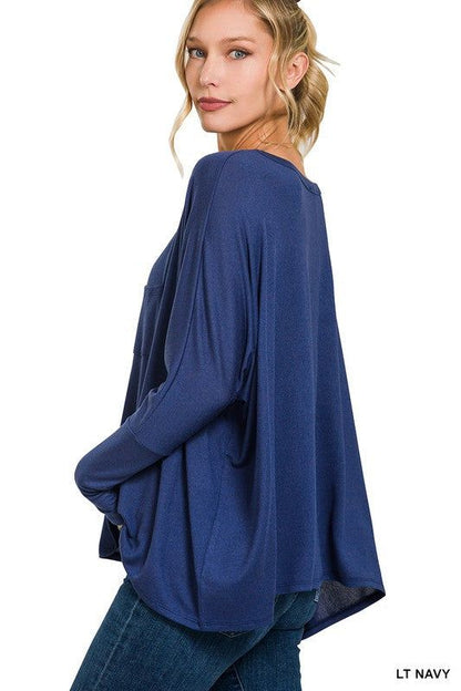 ZENANA | Dolman Sleeve Round Neck Top With Front Pocket us.meeeshop - 