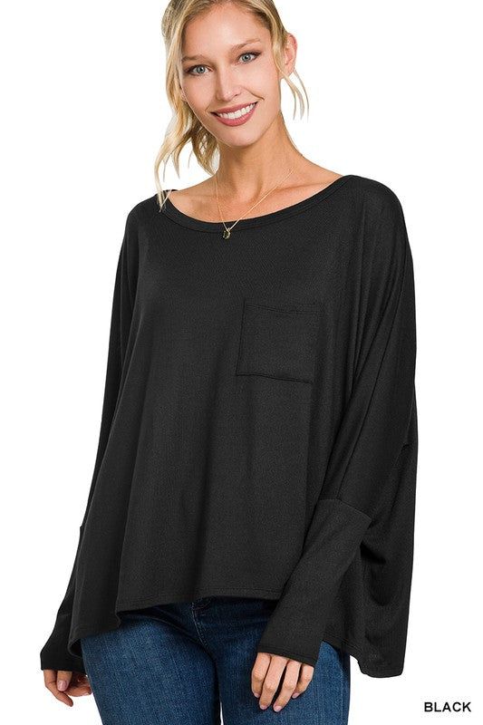 ZENANA | Dolman Sleeve Round Neck Top With Front Pocket us.meeeshop - 