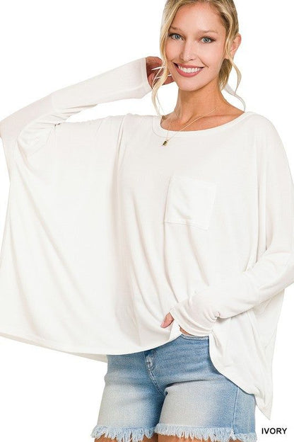 ZENANA | Dolman Sleeve Round Neck Top With Front Pocket us.meeeshop - 