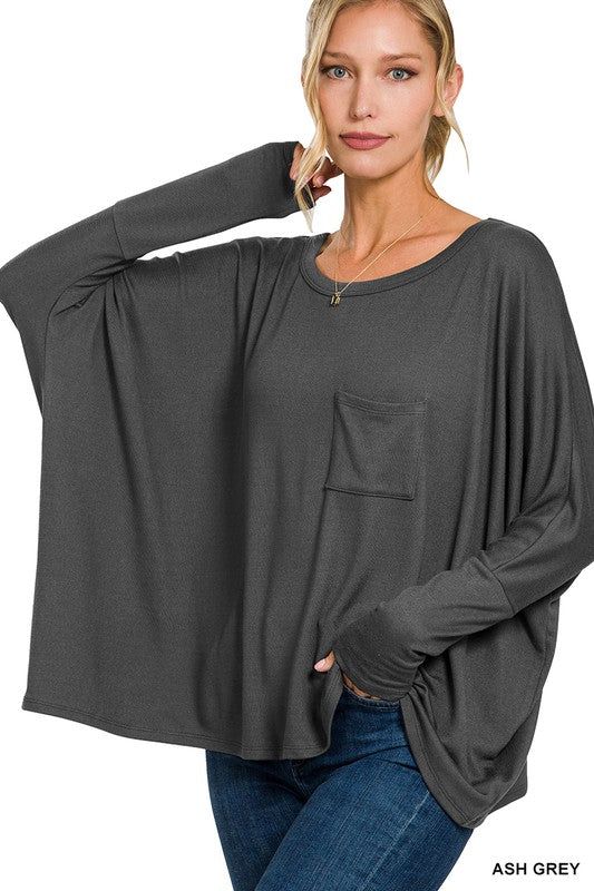 ZENANA | Dolman Sleeve Round Neck Top With Front Pocket us.meeeshop - 