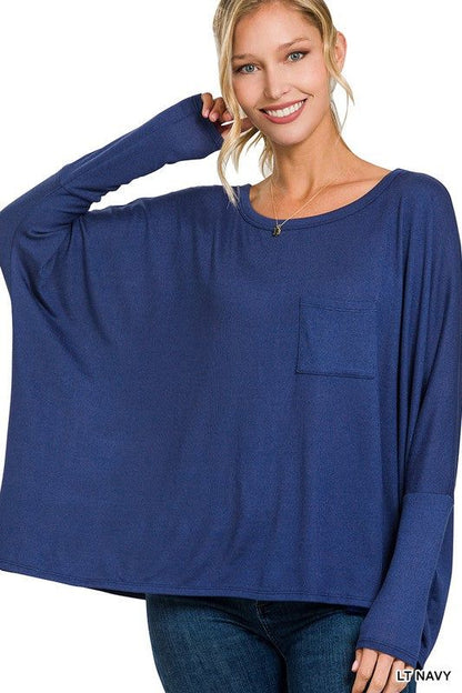 ZENANA | Dolman Sleeve Round Neck Top With Front Pocket us.meeeshop - 