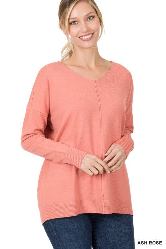 ZENANA Hi-Low Garment Dyed V-Neck Front Seam Sweater us.meeeshop - Shirts & Tops