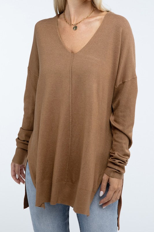 ZENANA Hi-Low Hem Front Seam Sweater us.meeeshop - Shirts & Tops