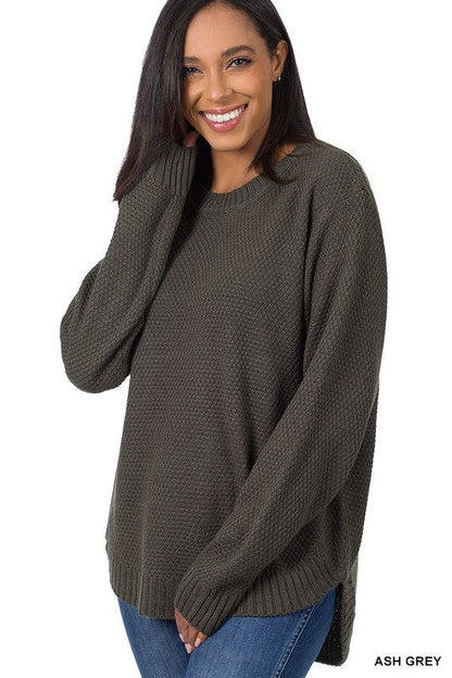 ZENANA | Hi Low Long Sleeve Round Neck Sweater | us.meeeshop