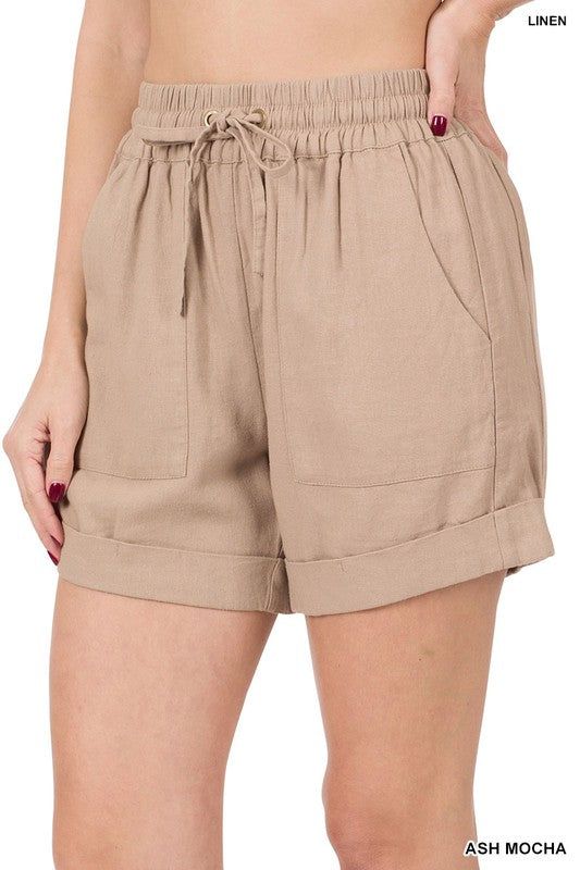 ZENANA | Linen Drawstring-Waist Shorts With Pockets us.meeeshop - 