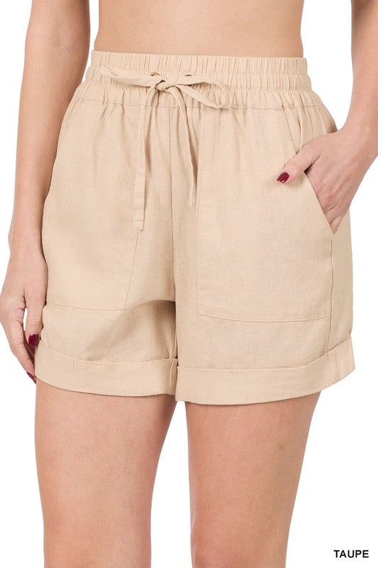 ZENANA | Linen Drawstring-Waist Shorts With Pockets us.meeeshop - 