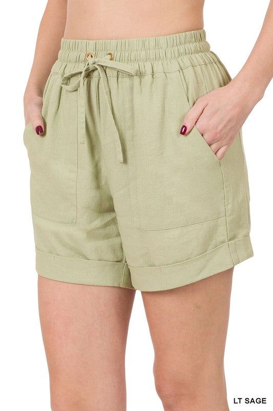 ZENANA | Linen Drawstring-Waist Shorts With Pockets us.meeeshop - 