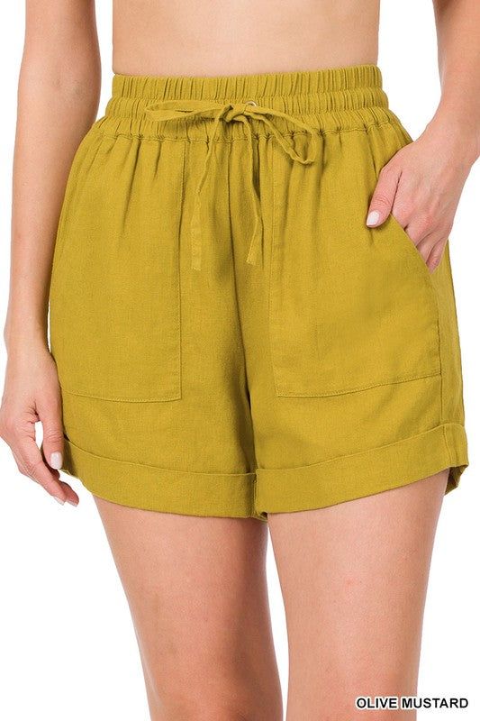 ZENANA | Linen Drawstring-Waist Shorts With Pockets us.meeeshop - 