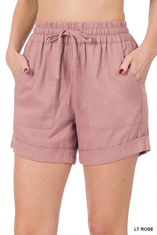 ZENANA | Linen Drawstring-Waist Shorts With Pockets us.meeeshop - 