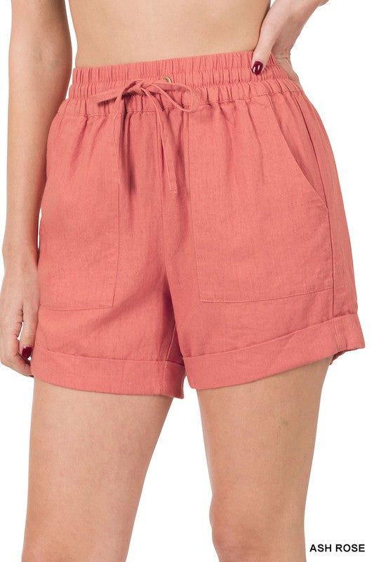 ZENANA | Linen Drawstring-Waist Shorts With Pockets us.meeeshop - 