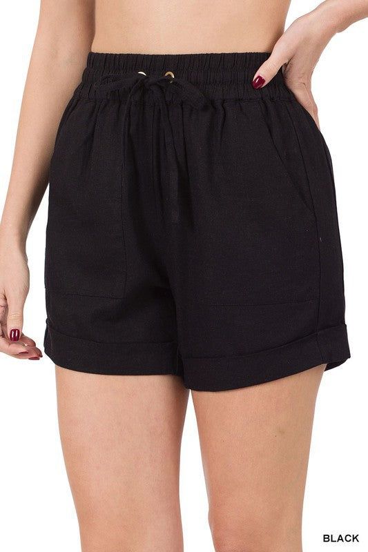 ZENANA | Linen Drawstring-Waist Shorts With Pockets us.meeeshop - 