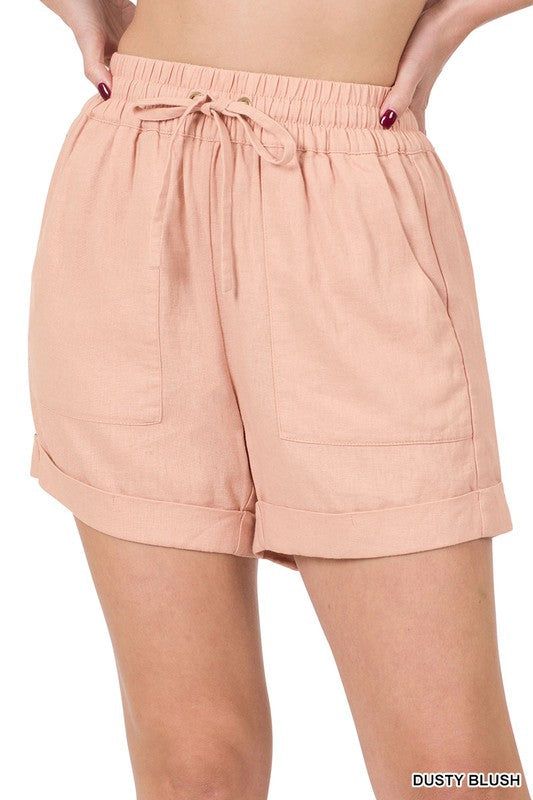 ZENANA | Linen Drawstring-Waist Shorts With Pockets us.meeeshop - 