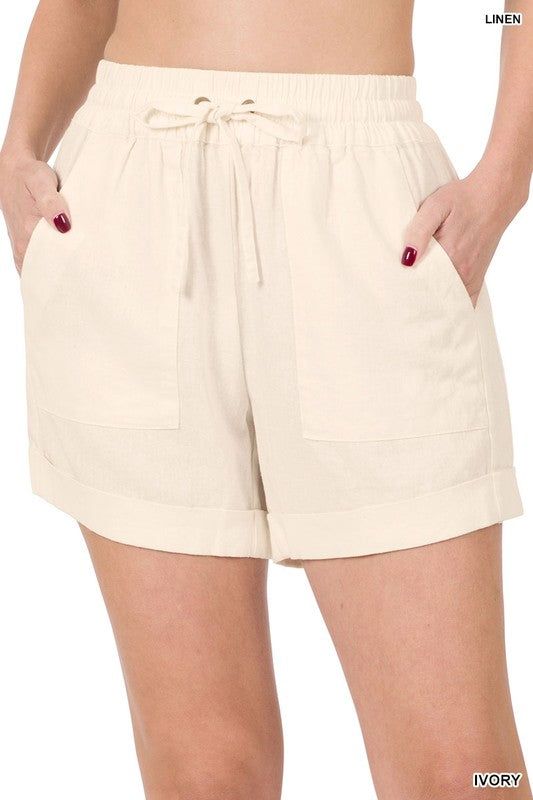 ZENANA | Linen Drawstring-Waist Shorts With Pockets us.meeeshop - 