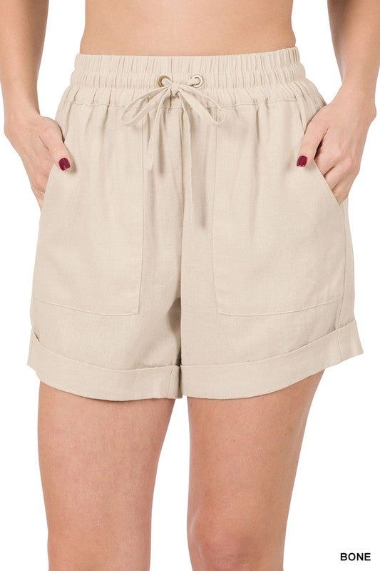 ZENANA | Linen Drawstring-Waist Shorts With Pockets us.meeeshop - 