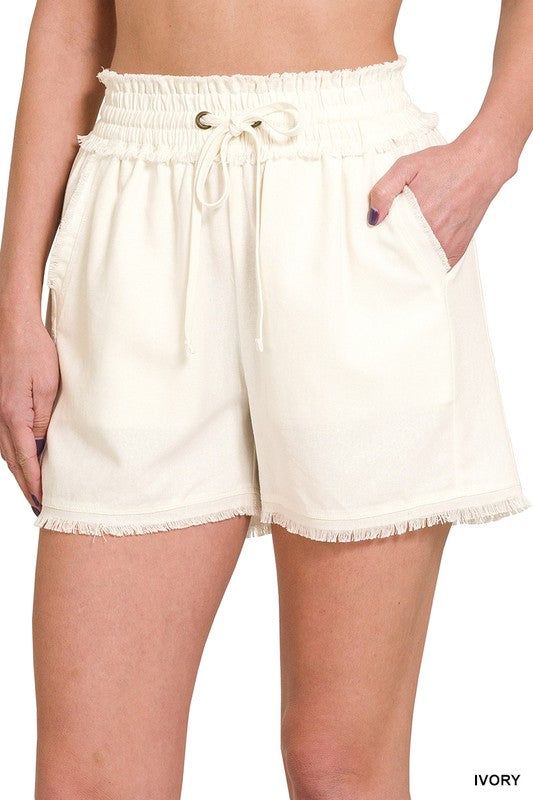 ZENANA | Linen Frayed Hem Drawstring Shorts With Pockets us.meeeshop - Shorts