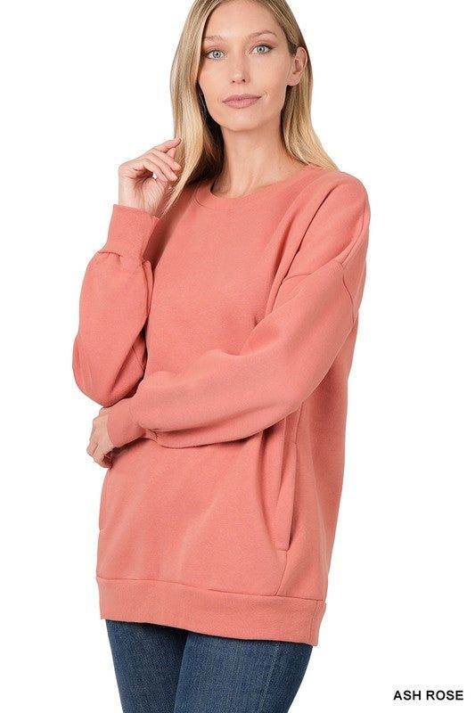 ZENANA | Long Sleeve Round Neck Sweatshirt Side Pockets us.meeeshop - 