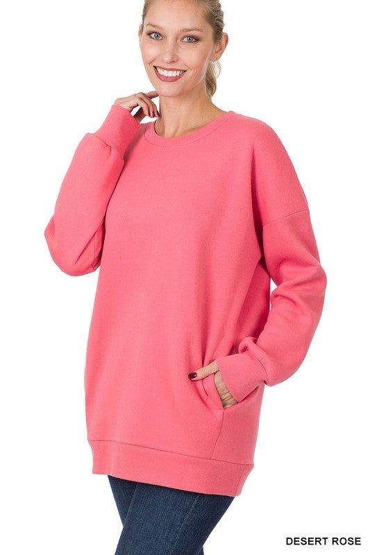 ZENANA | Long Sleeve Round Neck Sweatshirt Side Pockets us.meeeshop - 