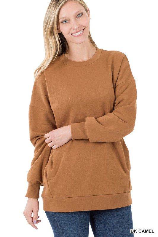 ZENANA | Long Sleeve Round Neck Sweatshirt Side Pockets us.meeeshop - 