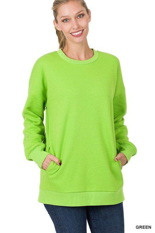 ZENANA | Long Sleeve Round Neck Sweatshirt Side Pockets us.meeeshop - 