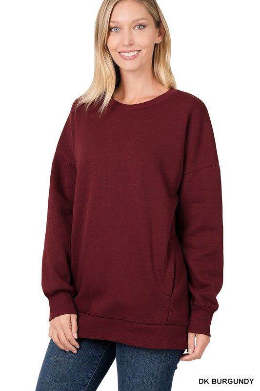 ZENANA | Long Sleeve Round Neck Sweatshirt Side Pockets us.meeeshop - 