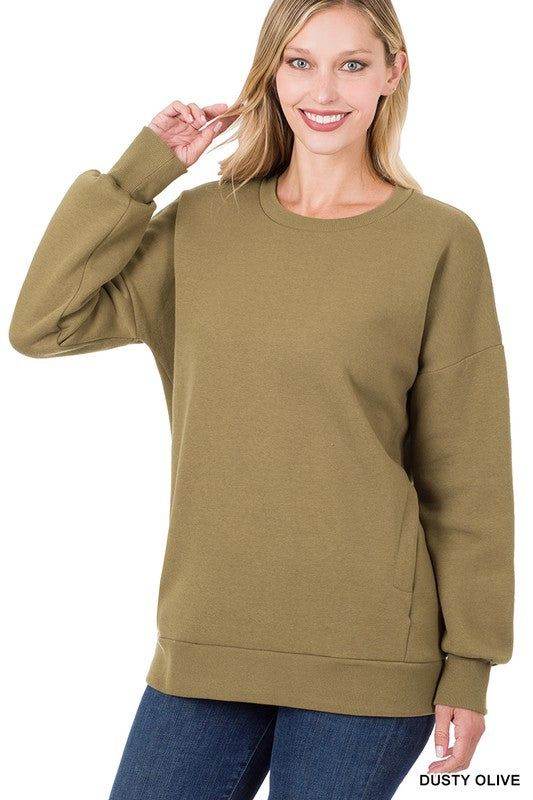 ZENANA | Long Sleeve Round Neck Sweatshirt Side Pockets us.meeeshop - 