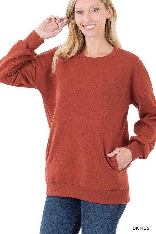 ZENANA | Long Sleeve Round Neck Sweatshirt Side Pockets us.meeeshop - 