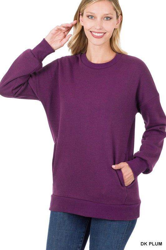 ZENANA | Long Sleeve Round Neck Sweatshirt Side Pockets us.meeeshop - 