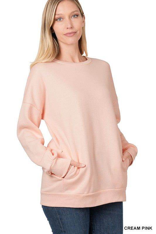 ZENANA | Long Sleeve Round Neck Sweatshirt Side Pockets us.meeeshop - 