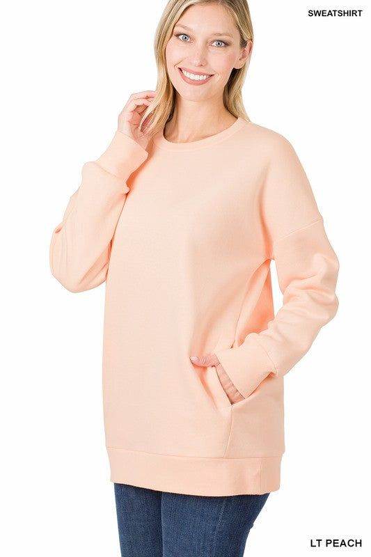 ZENANA | Long Sleeve Round Neck Sweatshirt Side Pockets us.meeeshop - 