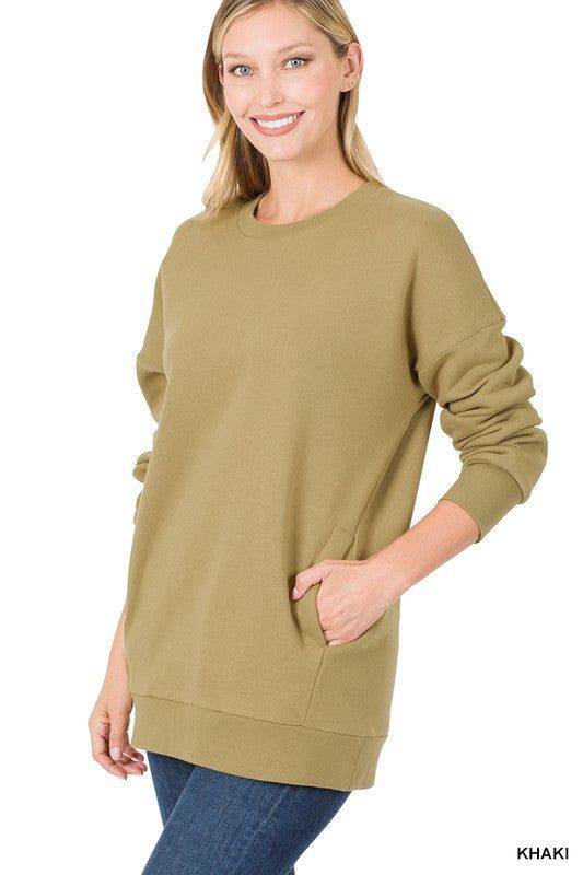 ZENANA | Long Sleeve Round Neck Sweatshirt Side Pockets us.meeeshop - 