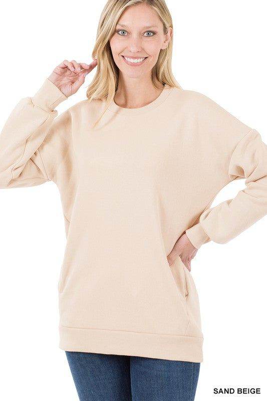 ZENANA | Long Sleeve Round Neck Sweatshirt Side Pockets us.meeeshop - 