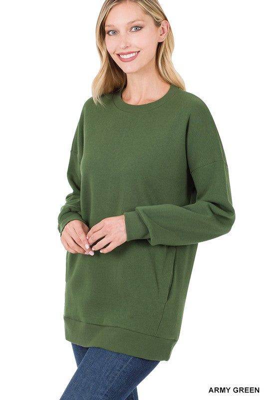 ZENANA | Long Sleeve Round Neck Sweatshirt Side Pockets us.meeeshop - Shirts & Tops