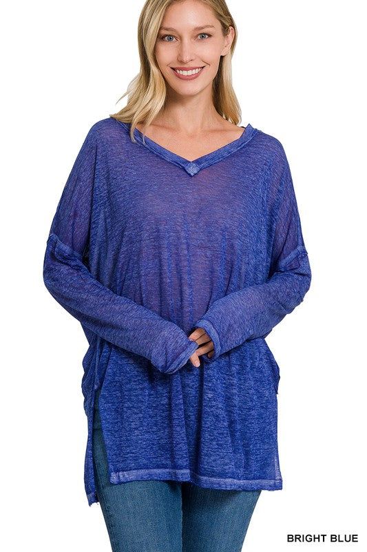 ZENANA Melange Burnout Dolman Sleeve V-Neck Top us.meeeshop - 