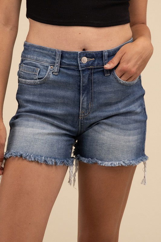 ZENANA Mid Rise Raw Frayed Hem Denim Shorts us.meeeshop - Shorts